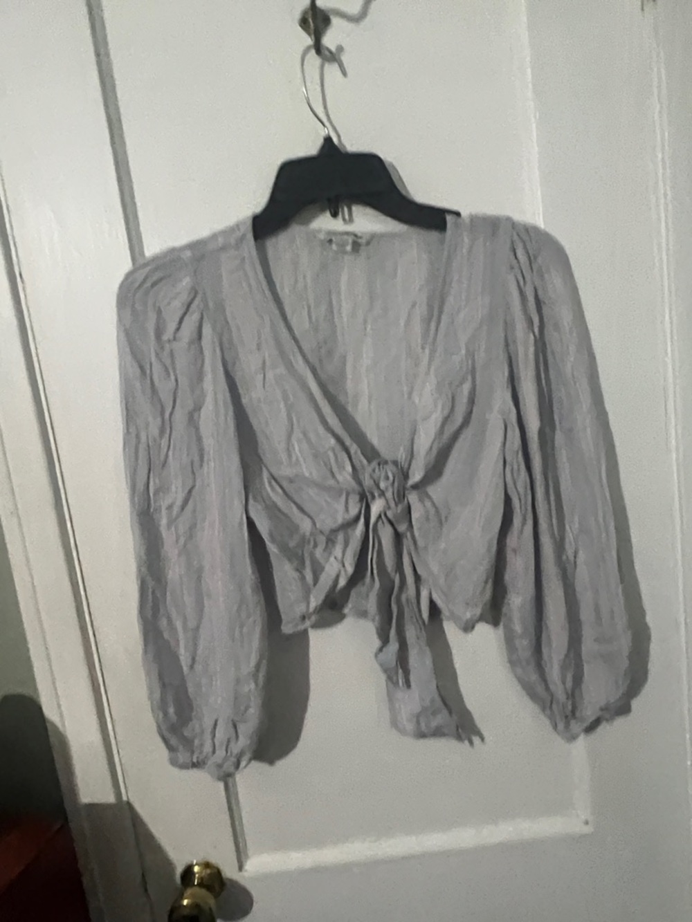 American Eagle Outfitters Light Gray Tie-Front Puff Sleeve Crop Top
